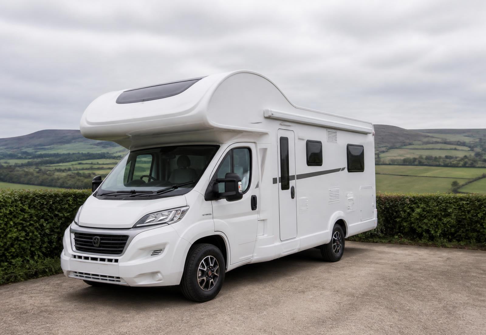 A white coachbuilt motorhome with an overcab bed parked on a hardstanding pitch in the British countryside
